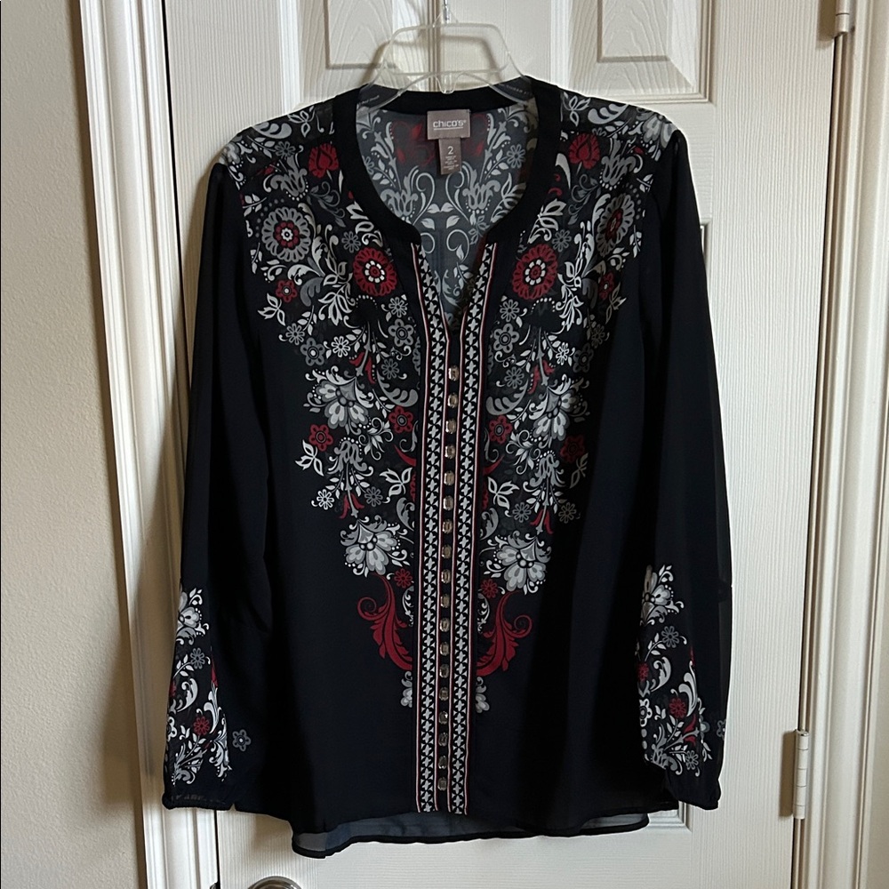 Chico's Black Top with Red and Gray Floral Design (Chico size 2)